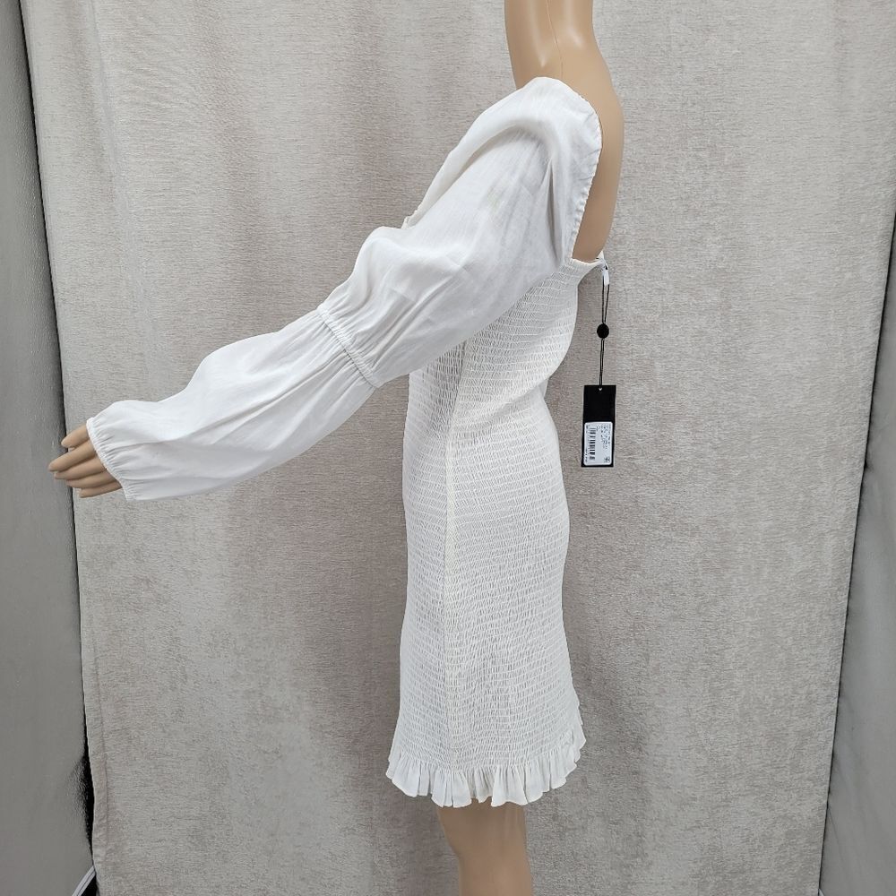 Gianni Bini Tally Smocked Linen Blend White Puff Long Sleeve Dress Large NEW - Picture 8 of 16